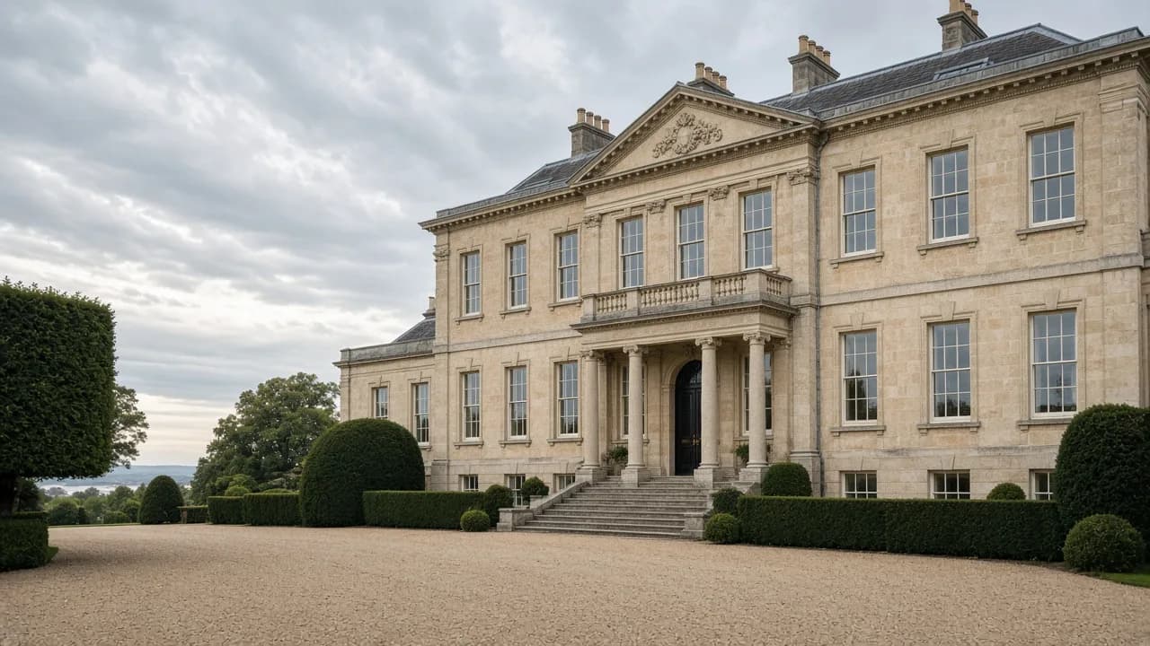 Hartwell Land limestone estate façade in soft daylight